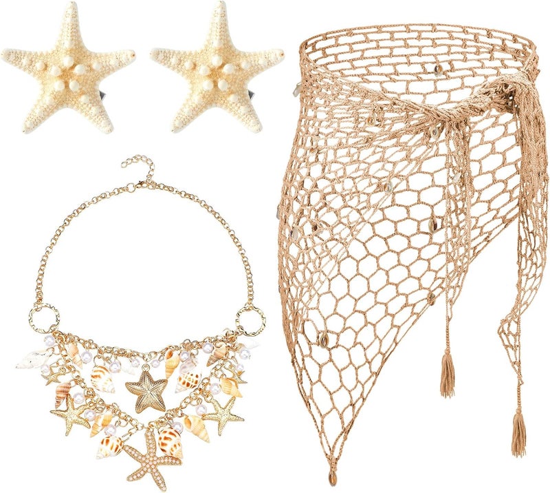 Cotwinter 4 Pcs Mermaid Costume for Women Mermaid Crochet Skirt Swimwear Cover up Beach Necklace Starfish Hair Clip - Image 1